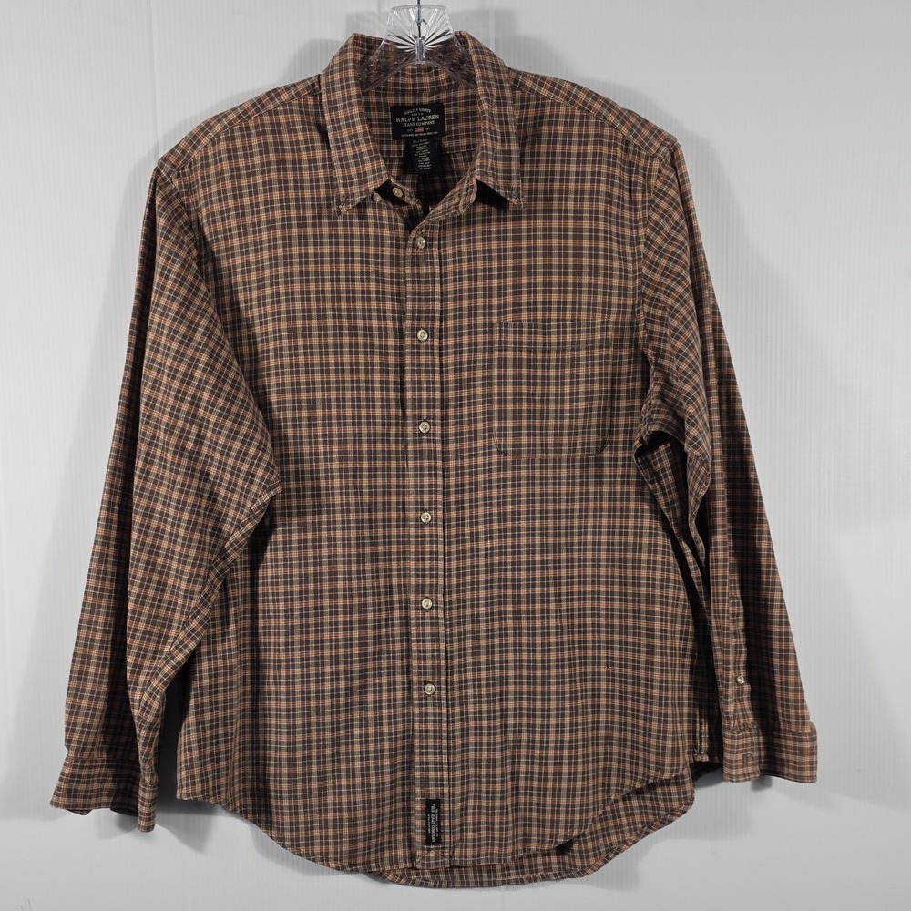 Ralph Lauren Jeans Co Mens XL Brown Plaid Button Down Cotton Long Sleeve Shirt